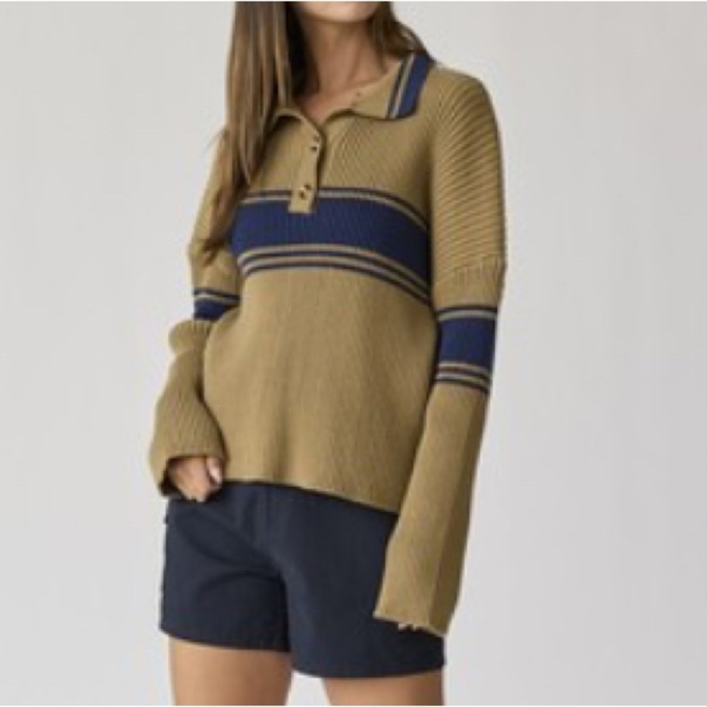 Tan and Navy Striped Women's Sweater